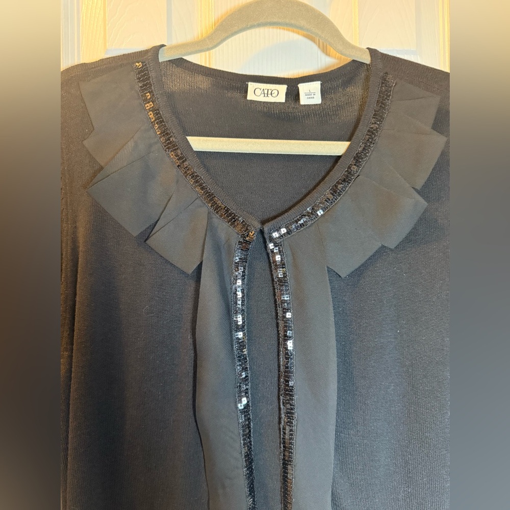 Fancy Cato Cropped Black Cardigan with Sequin Trim & Ruffle Long Sleeve Evening